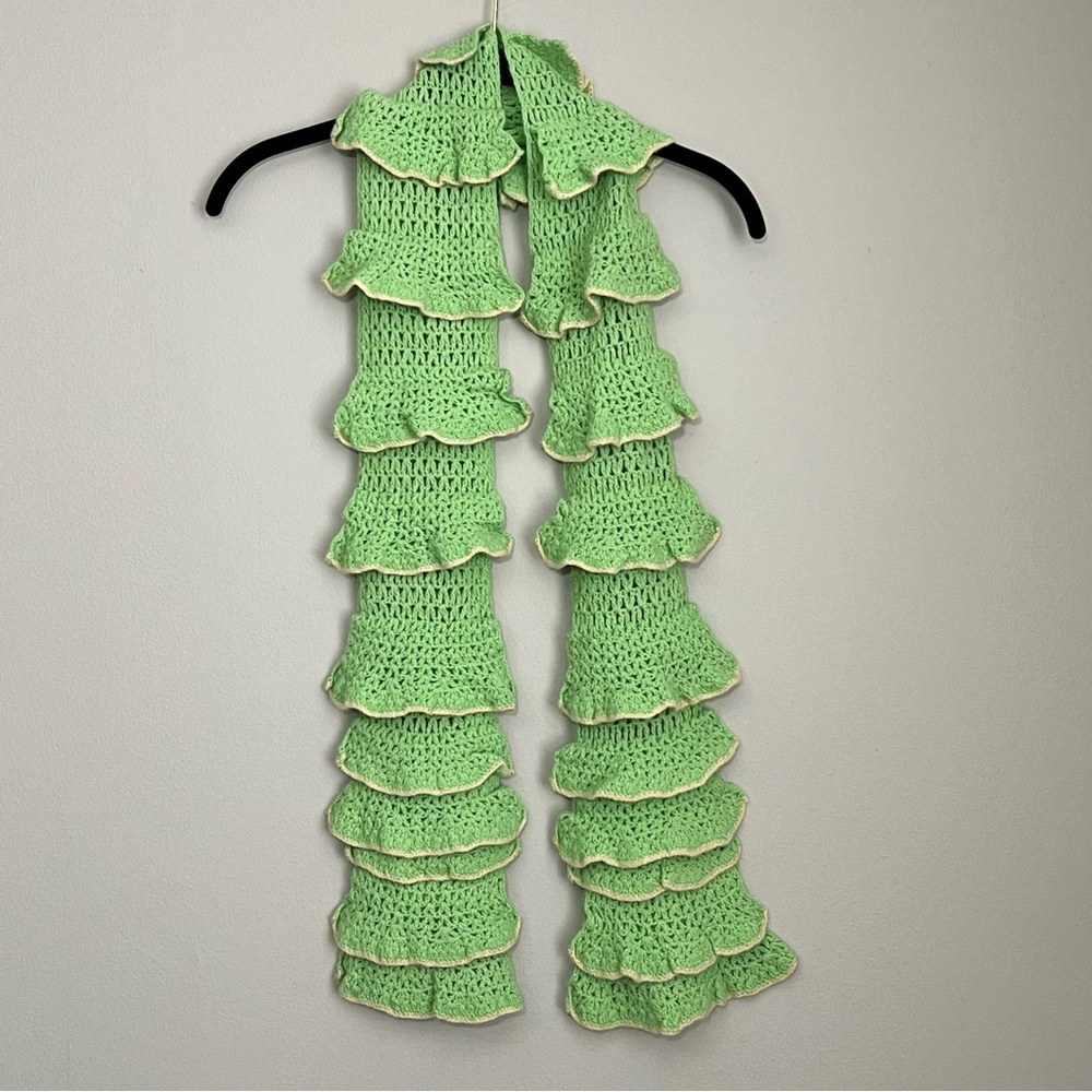 Green Wool Cashmere Angora Blend Scarf, Ruffled Tiered Crochet, Boho Fairycore